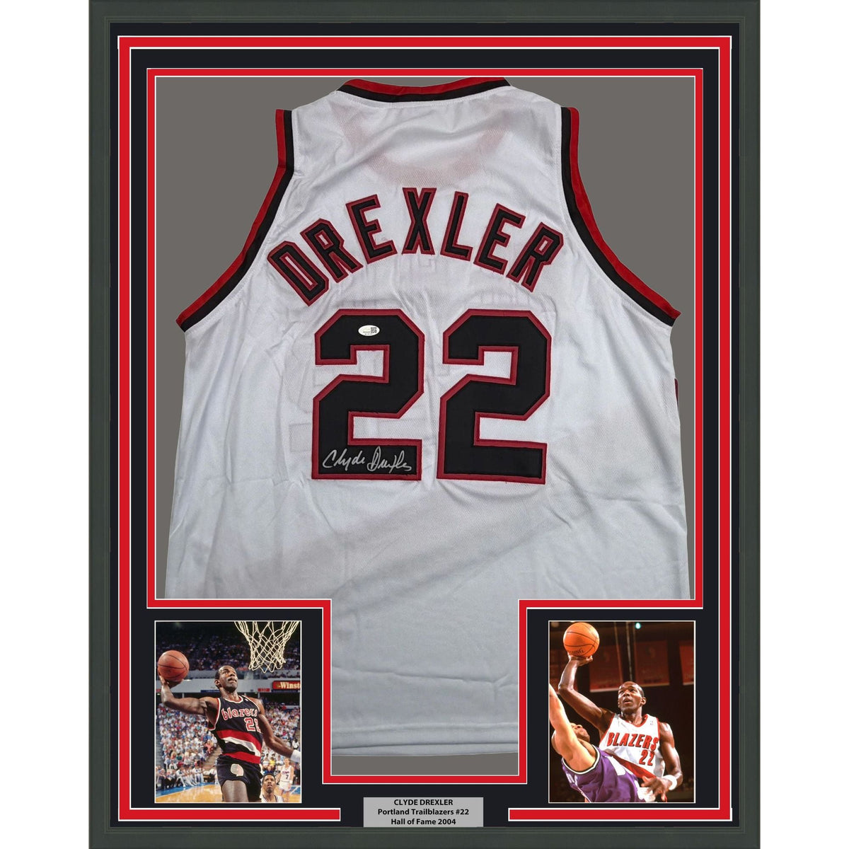Framed Autographed/Signed Clyde Drexler 35x39 Portland White Basketball Jersey JSA COA