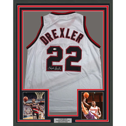 Framed Autographed/Signed Clyde Drexler 35x39 Portland White Basketball Jersey JSA COA