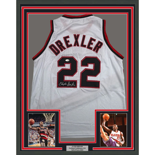 Framed Autographed/Signed Clyde Drexler 35x39 Portland White Basketball Jersey JSA COA