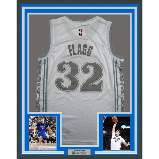 Framed Autographed/Signed Cooper Flagg 35x39 Dallas Mavericks White City Edition Authentic Basketball Jersey PSA/DNA COA