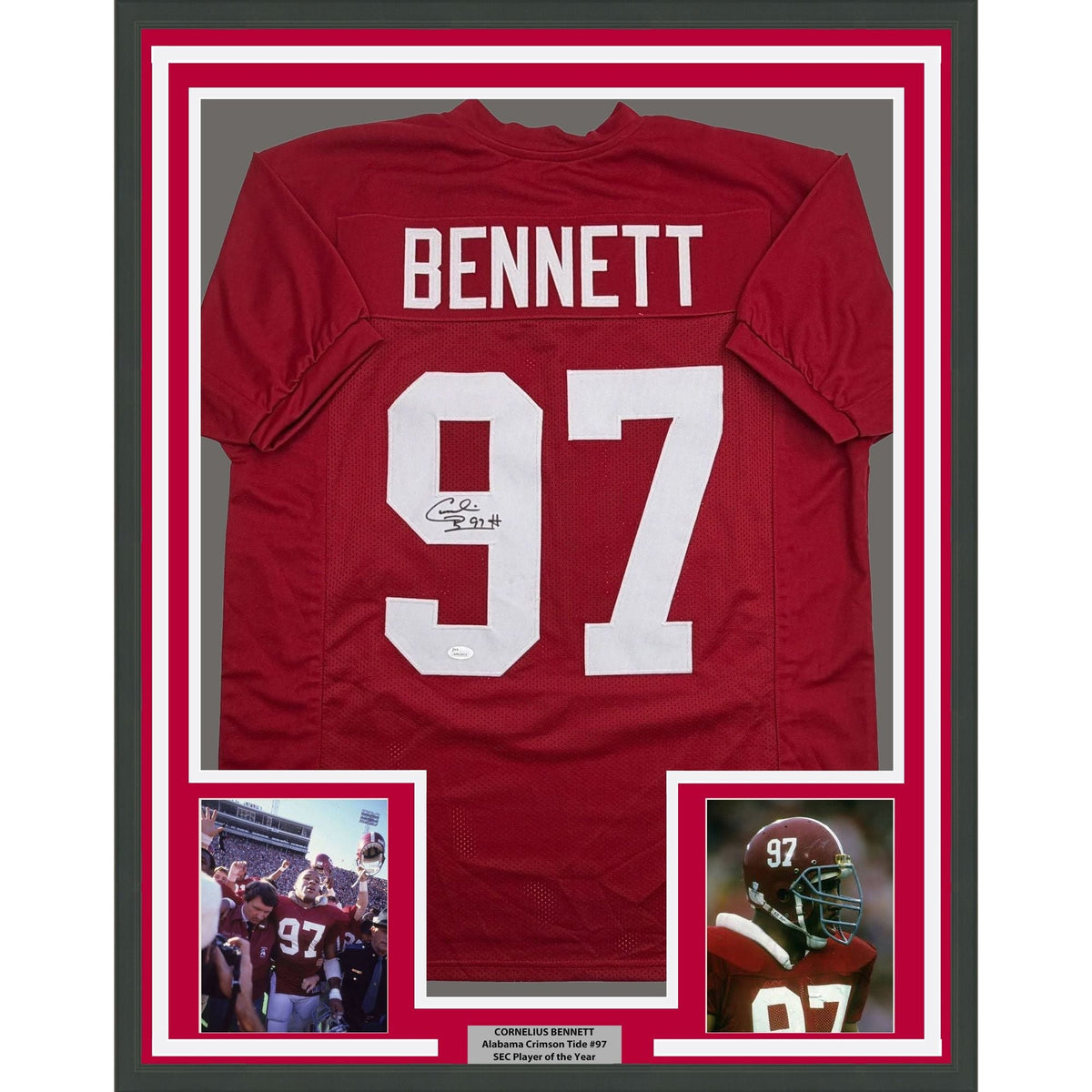 Framed Autographed/Signed Cornelius Bennett 35x39 Alabama Red College Football Jersey Beckett BAS COA