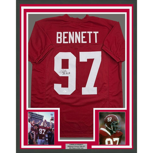 Framed Autographed/Signed Cornelius Bennett 35x39 Alabama Red College Football Jersey Beckett BAS COA