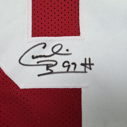 Framed Autographed/Signed Cornelius Bennett 35x39 Alabama Red College Football Jersey Beckett BAS COA