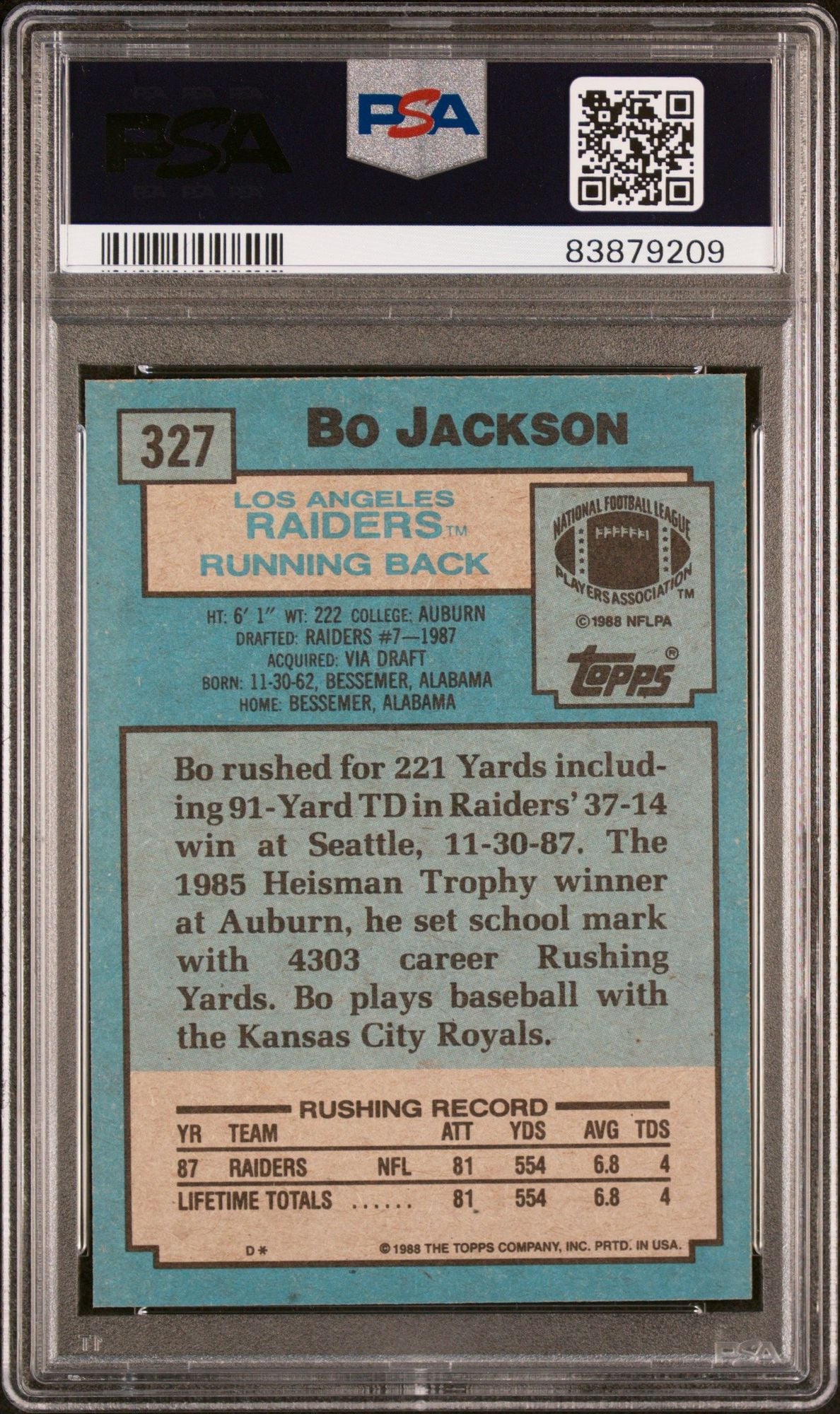 Graded 1988 Topps Super Rookie Bo Jackson #327 Rookie RC Baseball Card PSA 9 Mint
