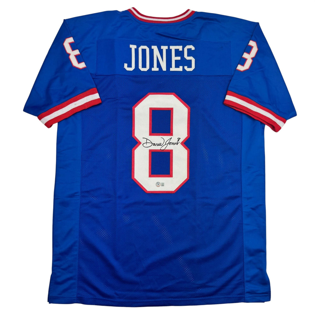 Autographed/Signed Daniel Jones New York Blue Retro Football Jersey Beckett BAS COA
