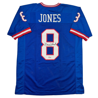 Autographed/Signed Daniel Jones New York Blue Retro Football Jersey Beckett BAS COA