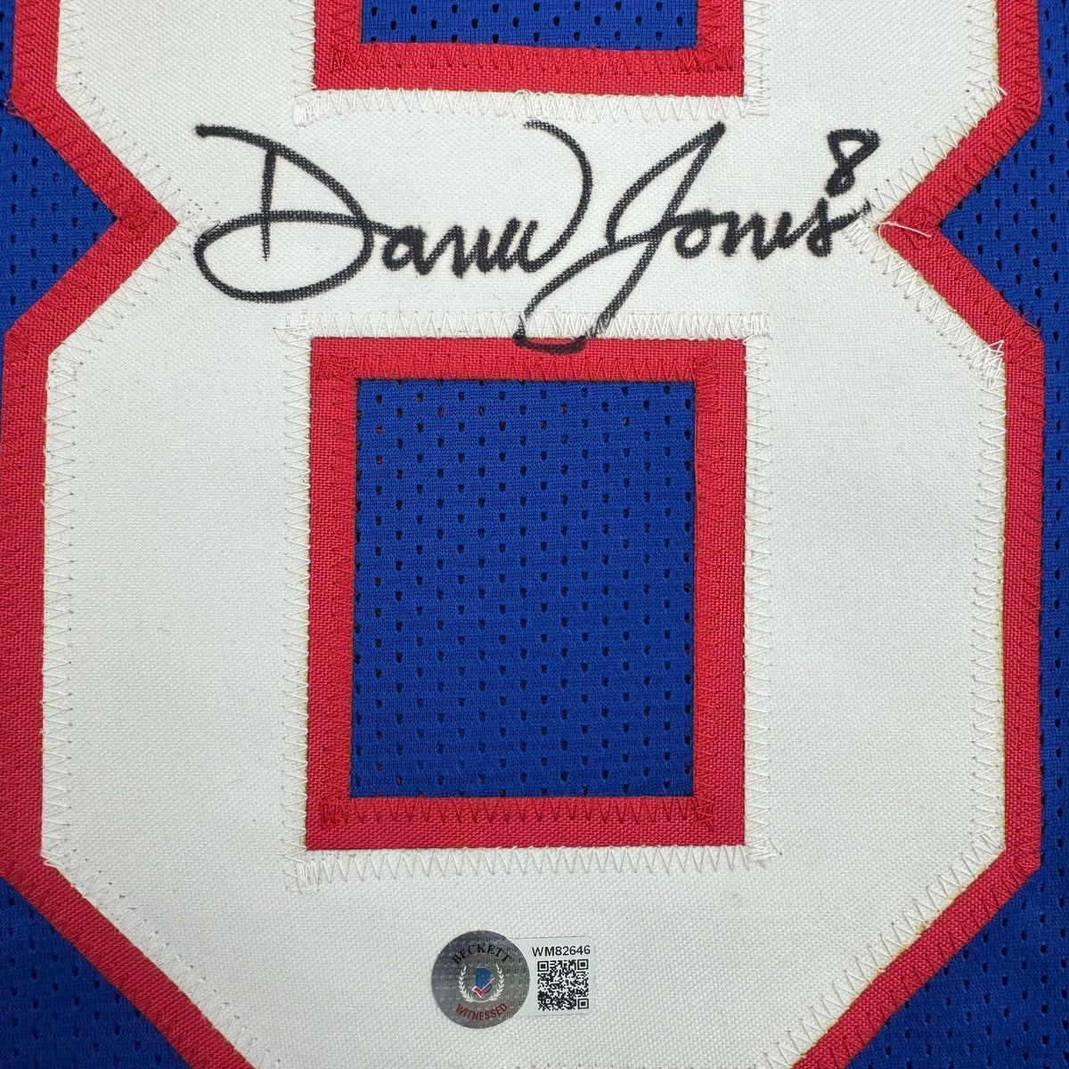 Autographed/Signed Daniel Jones New York Blue Retro Football Jersey Beckett BAS COA