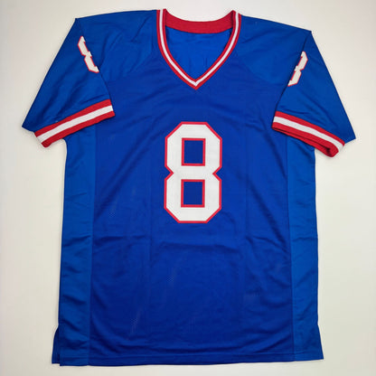 Autographed/Signed Daniel Jones New York Blue Retro Football Jersey Beckett BAS COA