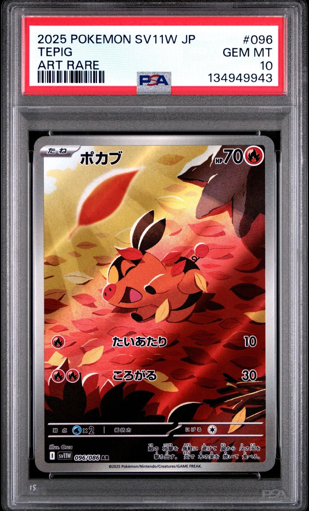 Graded 2025 Pokemon Japanese Tepig #096 SV11W White Flare Art Rare Trading Card Game PSA 10 Gem Mint