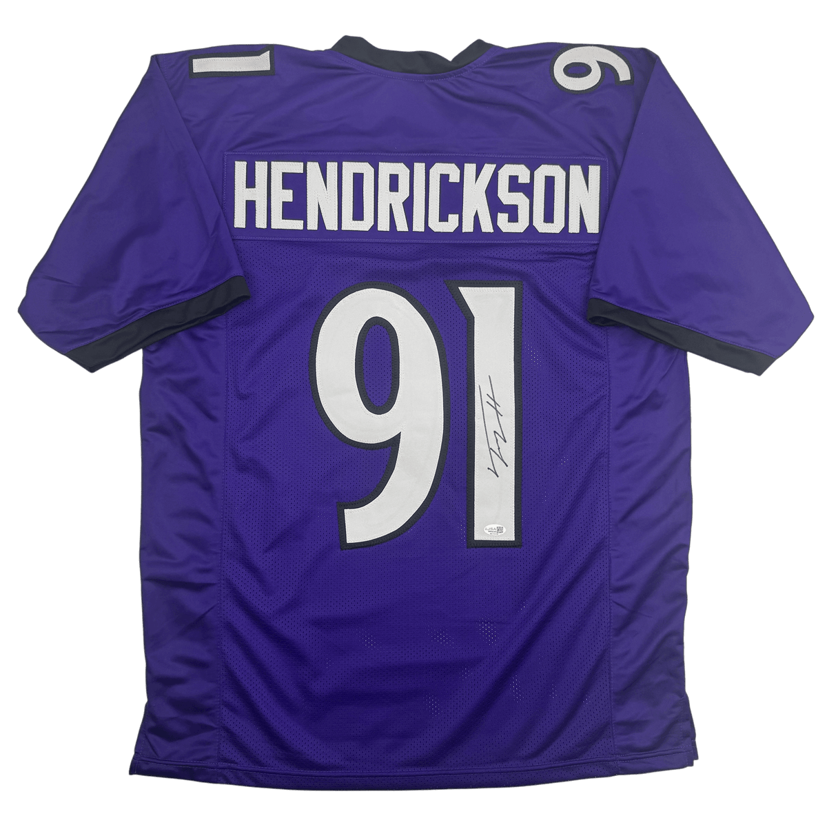 Autographed/Signed Trey Hendrickson Baltimore Purple Football Jersey Beckett BAS COA