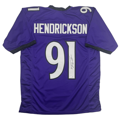 Autographed/Signed Trey Hendrickson Baltimore Purple Football Jersey Beckett BAS COA