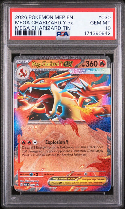 Graded 2026 PKM MEP EN Mega Charizard Y ex #030 Promo Trading Card Game PSA 10 Gem Mint
