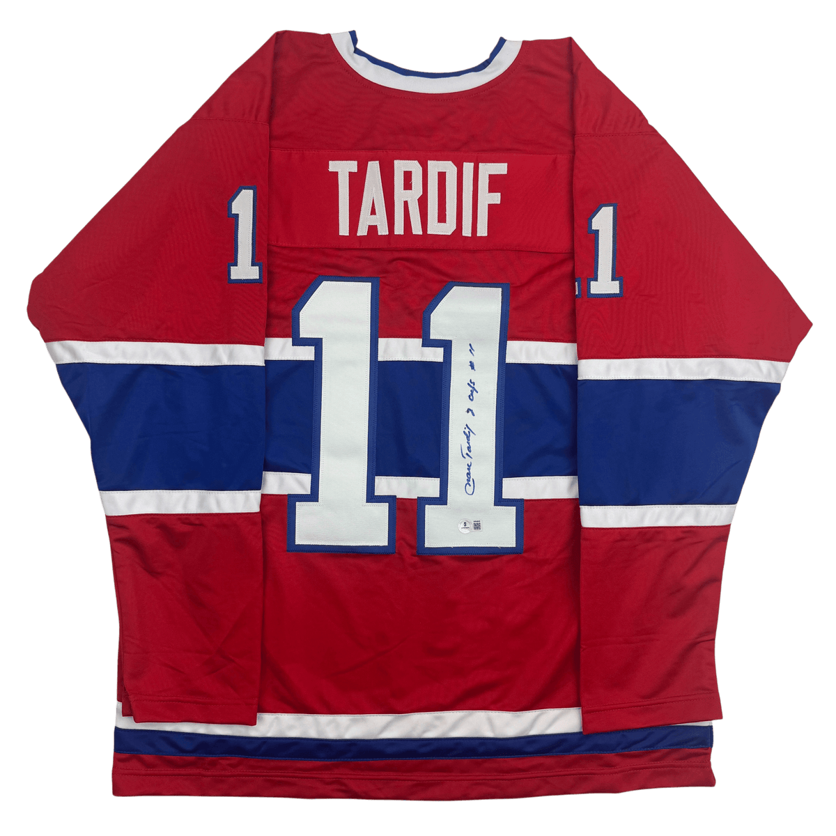 Autographed/Signed Marc Tardif w/ 2 Cups Montreal Red Hockey Jersey Beckett BAS COA