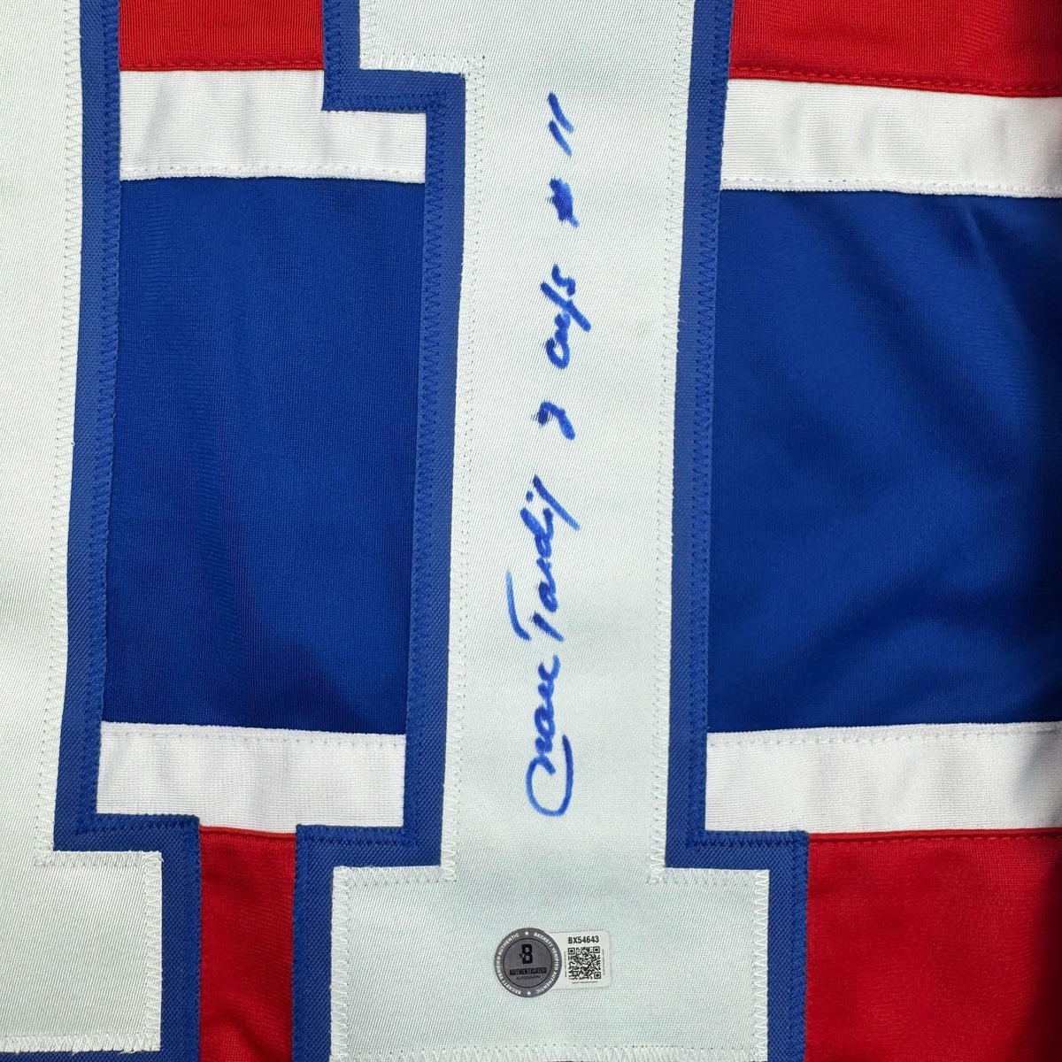 Autographed/Signed Marc Tardif w/ 2 Cups Montreal Red Hockey Jersey Beckett BAS COA