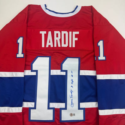Autographed/Signed Marc Tardif w/ 2 Cups Montreal Red Hockey Jersey Beckett BAS COA