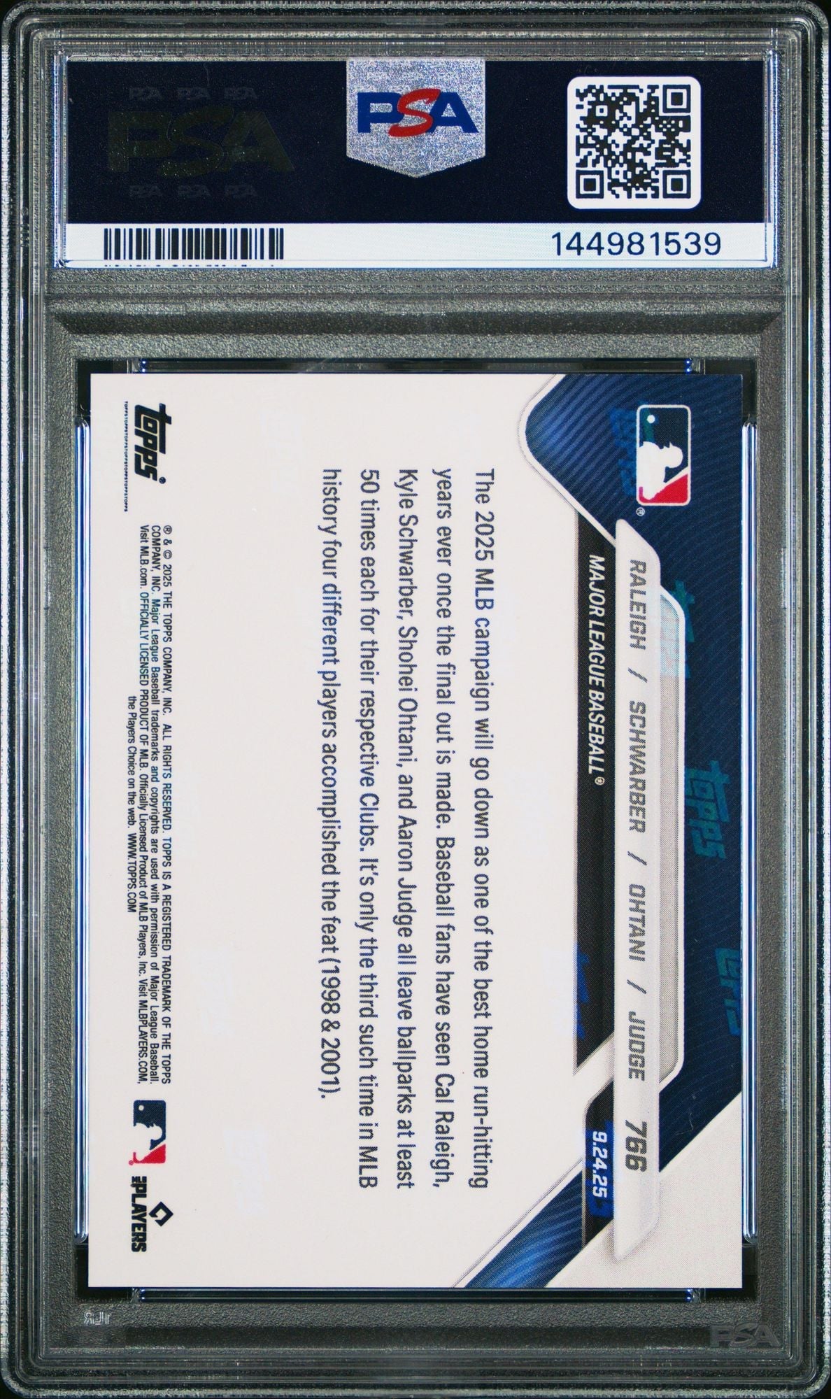 Graded 2025 Topps Now Shohei Ohtani Aaron Judge Raleigh Schwarber #766 50+ HRs Baseball Card PSA 10 Gem Mint