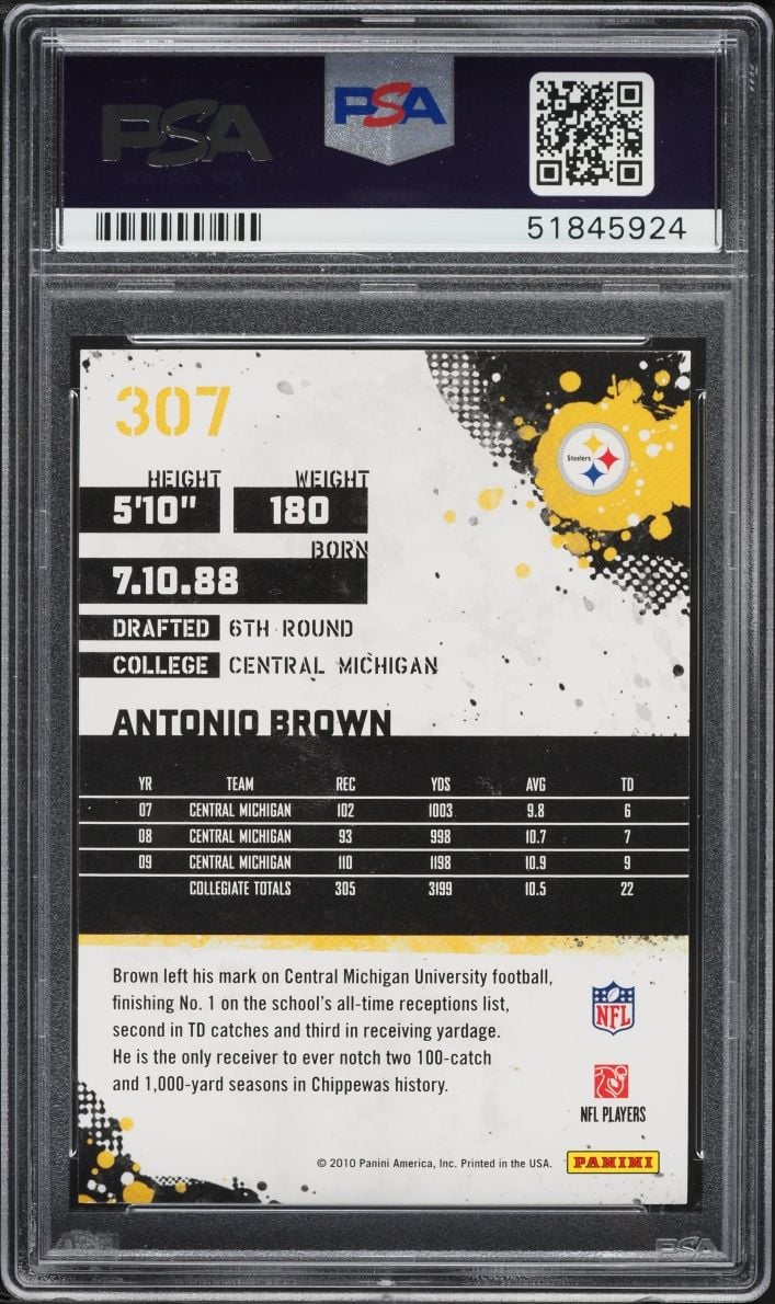 Graded 2010 Panini Score Antonio Brown #307 Rookie RC Football Card PSA 10 Gem Mint