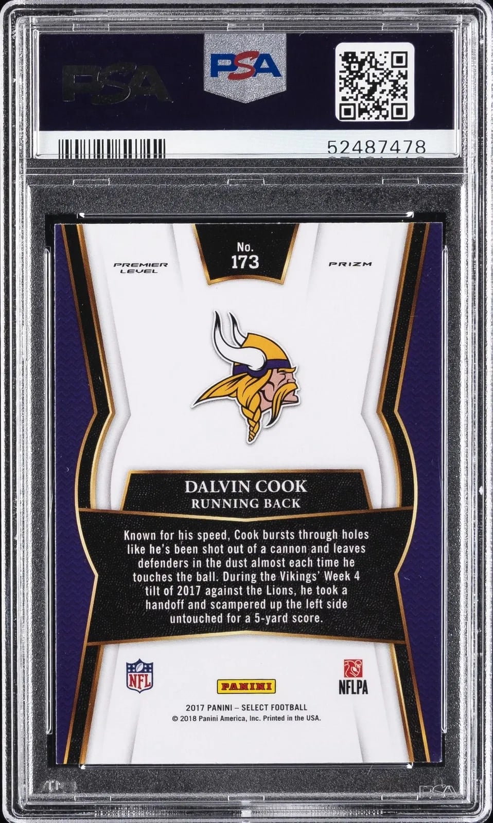 Graded 2017 Panini Select Dalvin Cook #173 Silver Prizm Rookie RC Football Card PSA 10 Gem Mint