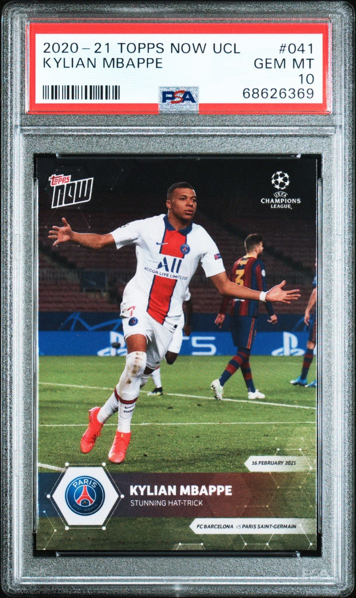 Graded 2020 Topps Now UCL Kylian Mbappe #041 UEFA Champions League Hat-Trick Soccer Card PSA 10 Gem Mint