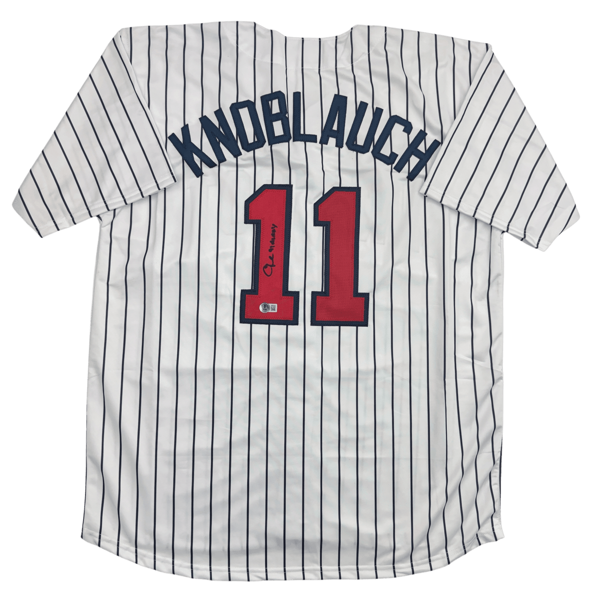 Autographed/Signed Chuck Knoblauch w/ 91 AL ROY Minnesota Pinstripe Baseball Jersey Beckett BAS COA