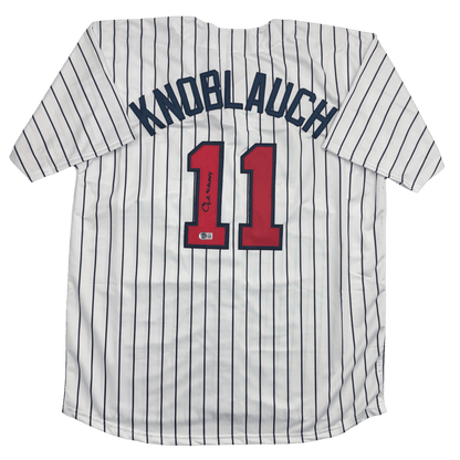 Autographed/Signed Chuck Knoblauch w/ 91 AL ROY Minnesota Pinstripe Baseball Jersey Beckett BAS COA