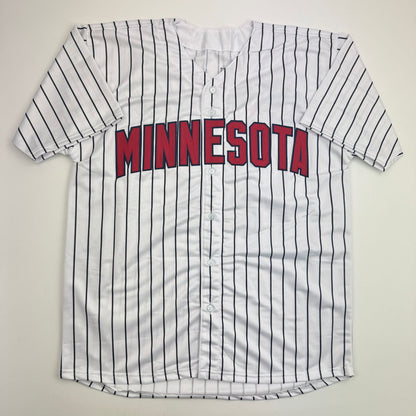 Autographed/Signed Chuck Knoblauch w/ 91 AL ROY Minnesota Pinstripe Baseball Jersey Beckett BAS COA