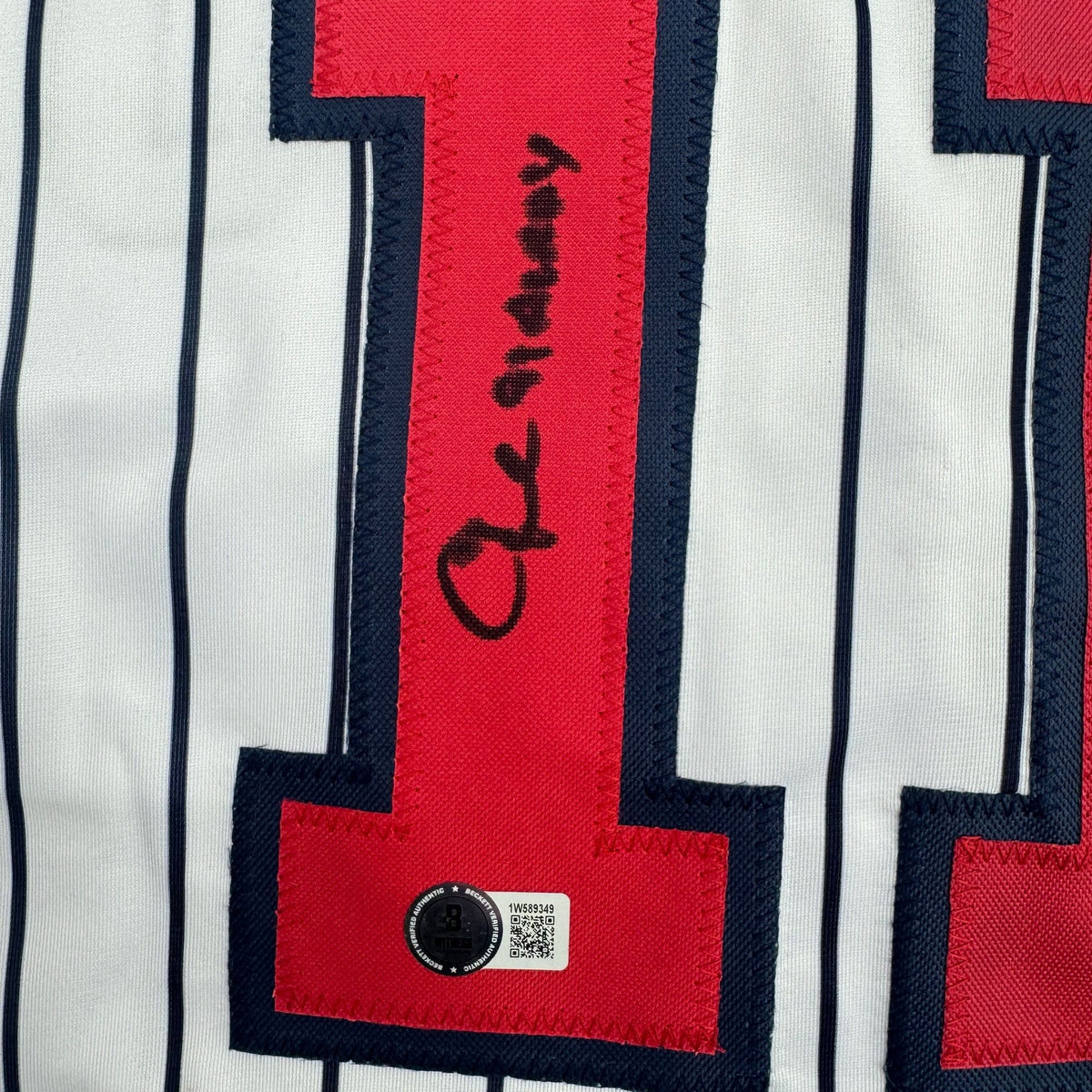 Autographed/Signed Chuck Knoblauch w/ 91 AL ROY Minnesota Pinstripe Baseball Jersey Beckett BAS COA