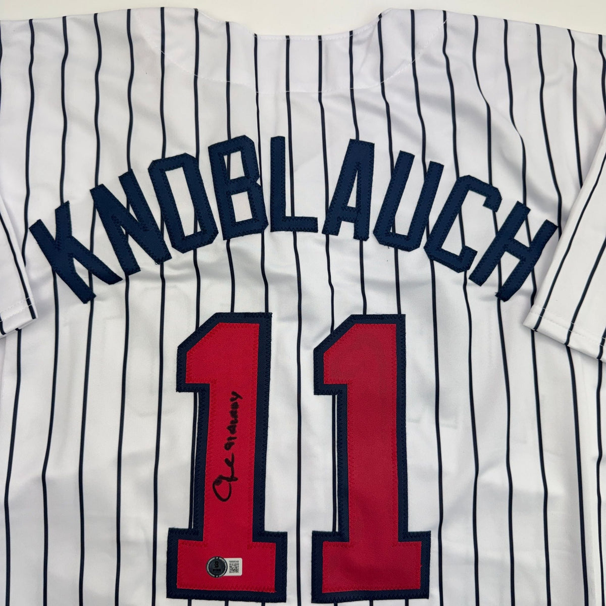 Autographed/Signed Chuck Knoblauch w/ 91 AL ROY Minnesota Pinstripe Baseball Jersey Beckett BAS COA