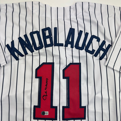 Autographed/Signed Chuck Knoblauch w/ 91 AL ROY Minnesota Pinstripe Baseball Jersey Beckett BAS COA