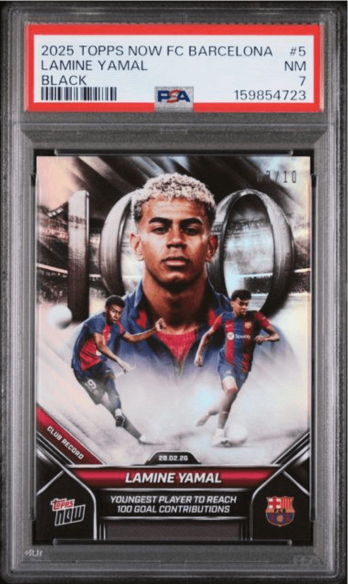 Graded 2025 Topps Now FC Barcelona Lamine Yamal #5 Black /10 Soccer Card PSA 7 Near Mint