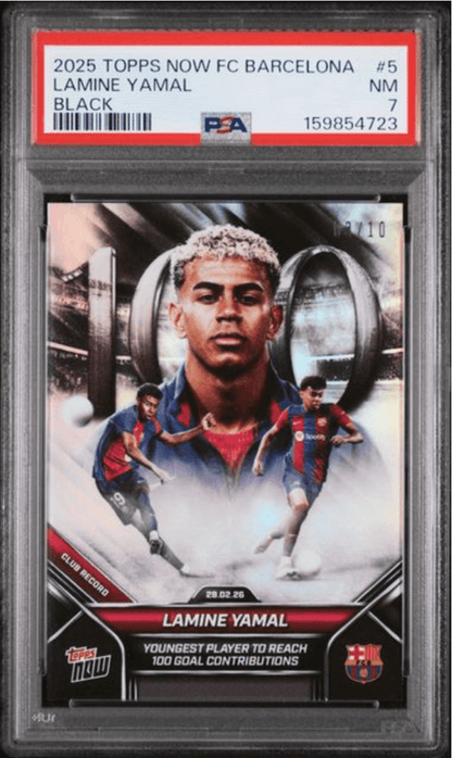 Graded 2025 Topps Now FC Barcelona Lamine Yamal #5 Black /10 Soccer Card PSA 7 Near Mint