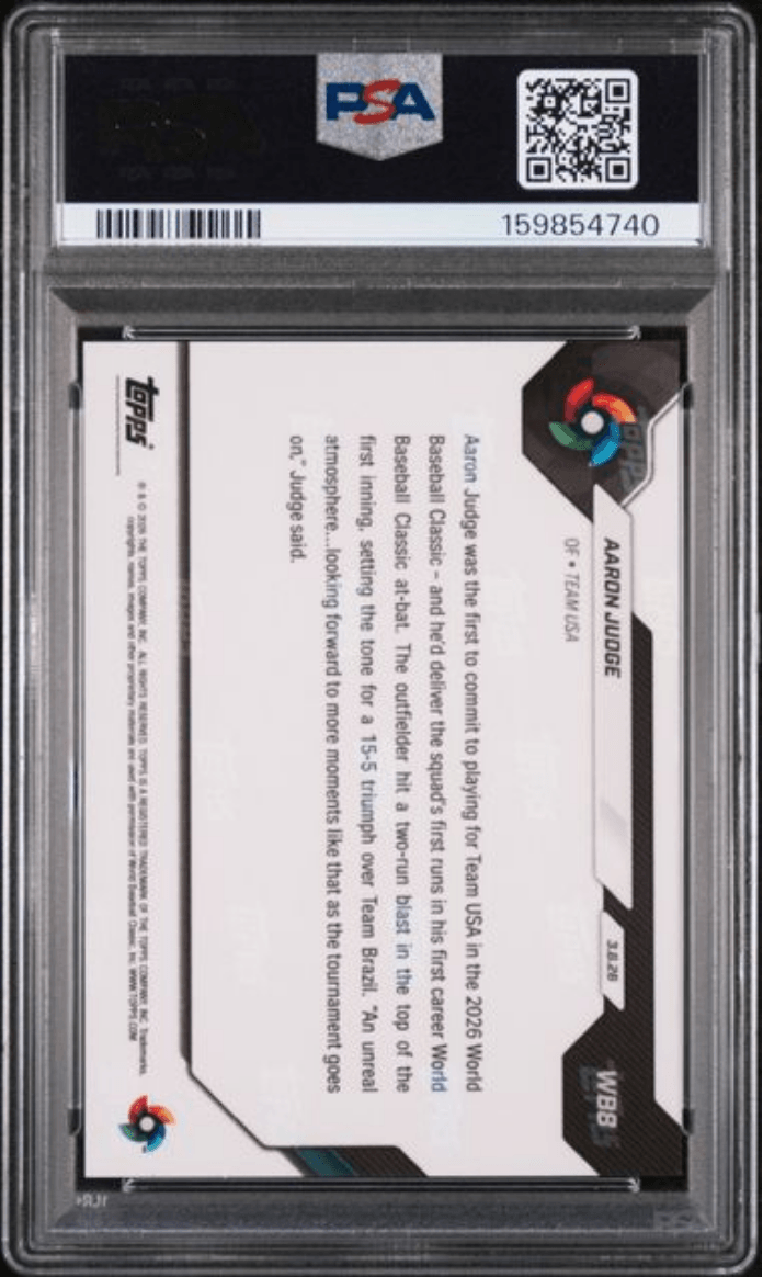 Graded 2026 Topps Now WBC Aaron Judge #WB8 Baseball Card PSA 10 Gem Mint