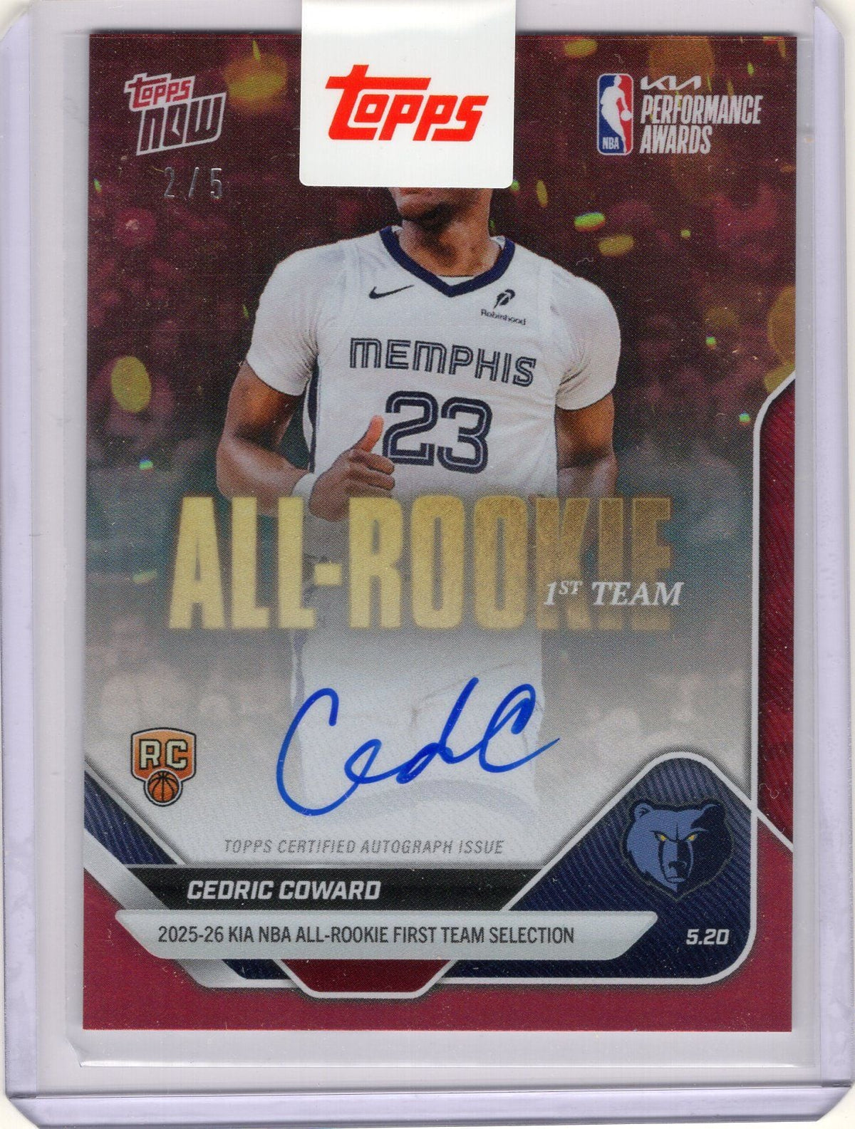 2025 Topps Now Cedric Coward #AR05A Red Auto /5 2025-26 KIA NBA All Rookie First Team Selection Memphis Grizzlies Rookie RC Basketball Card
