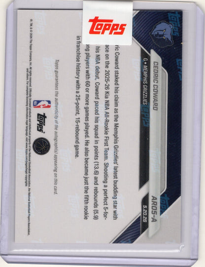 2025 Topps Now Cedric Coward #AR05A Red Auto /5 2025-26 KIA NBA All Rookie First Team Selection Memphis Grizzlies Rookie RC Basketball Card