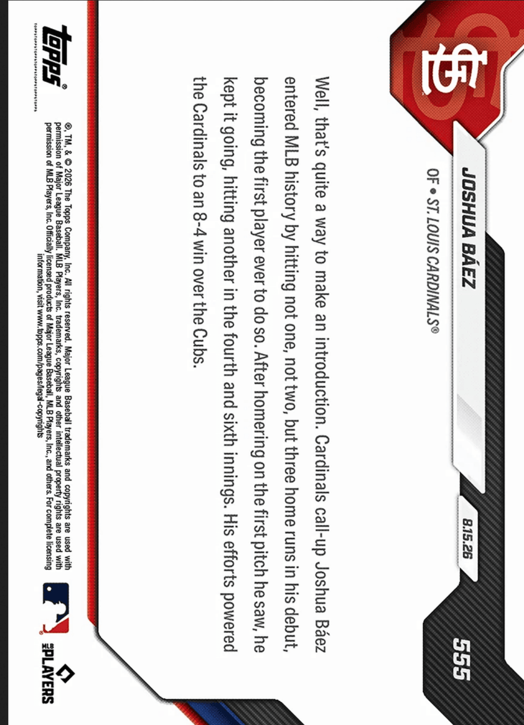 2026 Topps Now Joshua Baez #555 Gold Foil /50 1st Player in MLB History to Homer 3X in Debut St Louis Cardinals Rookie RC Baseball Card