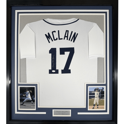 Framed Autographed/Signed Denny McLain 35x39 Detroit White Baseball Jersey JSA COA