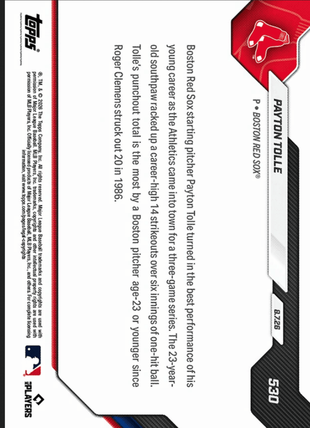 2026 Topps Now Payton Tolle #530 Gold Foil /50 Most Ks by a Boston Hurler 23 or Younger Since '86 Boston Red Sox Rookie RC Baseball Card