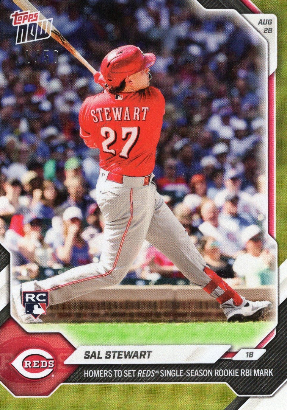 2026 Topps Now Sal Stewart #604 Gold Foil /50 Homers to Set Reds Single Season Rookie RBI Mark Cincinnati Reds Rookie RC Baseball Card