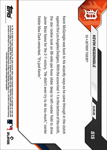 2026 Topps Now Kevin McGonigle #615 9th Inning Knock Secures Walk Off Win for Tigers Detroit Tigers Rookie RC Baseball Card