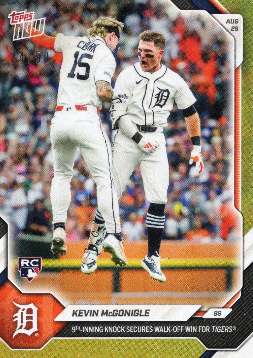 2026 Topps Now Kevin McGonigle #615 Gold Foil /50 9th Inning Knock Secures Walk Off Win for Tigers Detroit Tigers Rookie RC Baseball Card