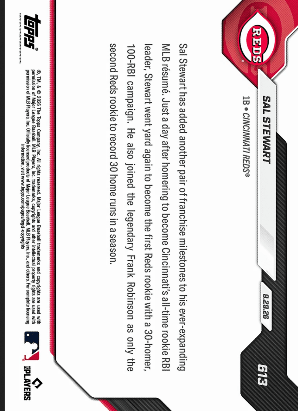 2026 Topps Now Sal Stewart #613 Gold Foil /50 30th HR of 2026 Makes Reds Rookie History Cincinnati Reds Rookie RC Baseball Card