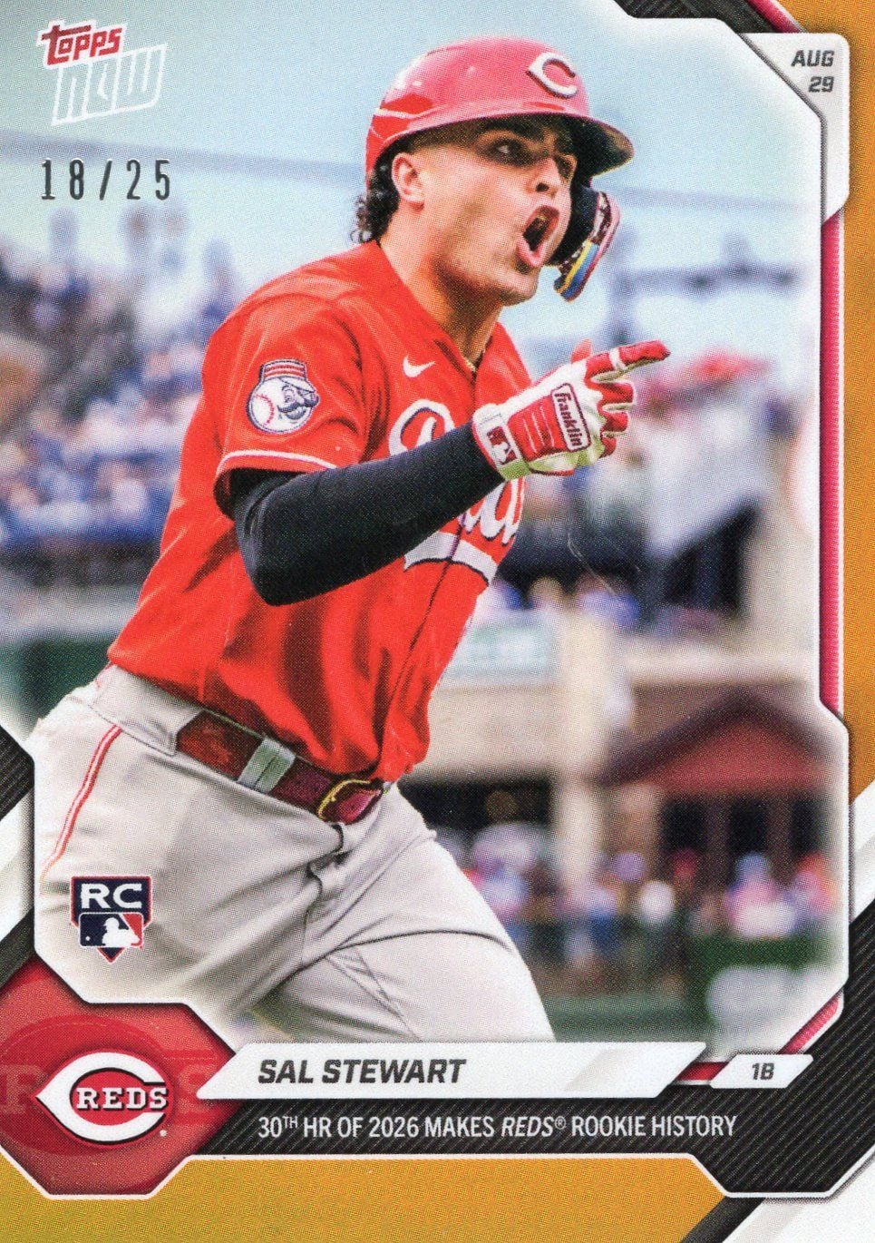 2026 Topps Now Sal Stewart #613 Orange Foil /25 30th HR of 2026 Makes Reds Rookie History Cincinnati Reds Rookie RC Baseball Card