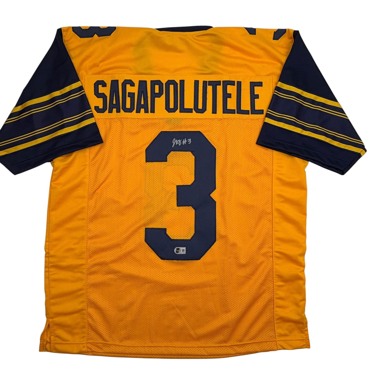 Autographed/Signed Jaron-Keawe Sagapolutele Cal California Yellow College Football Jersey Beckett BAS COA