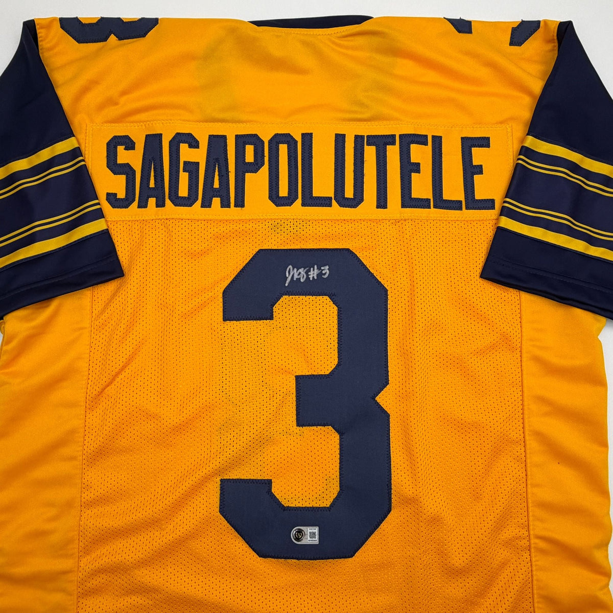 Autographed/Signed Jaron-Keawe Sagapolutele Cal California Yellow College Football Jersey Beckett BAS COA