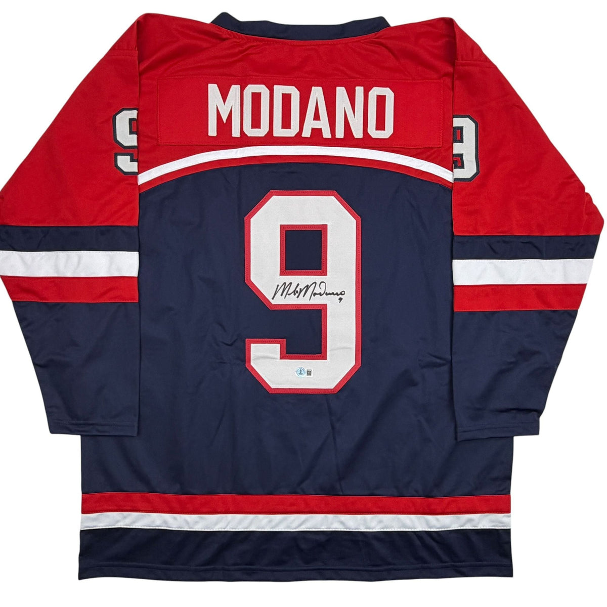 Autographed/Signed Mike Modano Team USA Navy Blue Hockey Jersey Beckett BAS COA
