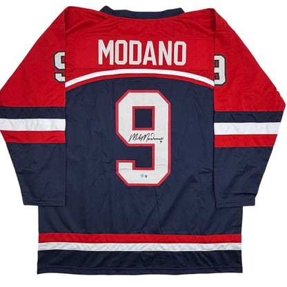 Autographed/Signed Mike Modano Team USA Navy Blue Hockey Jersey Beckett BAS COA