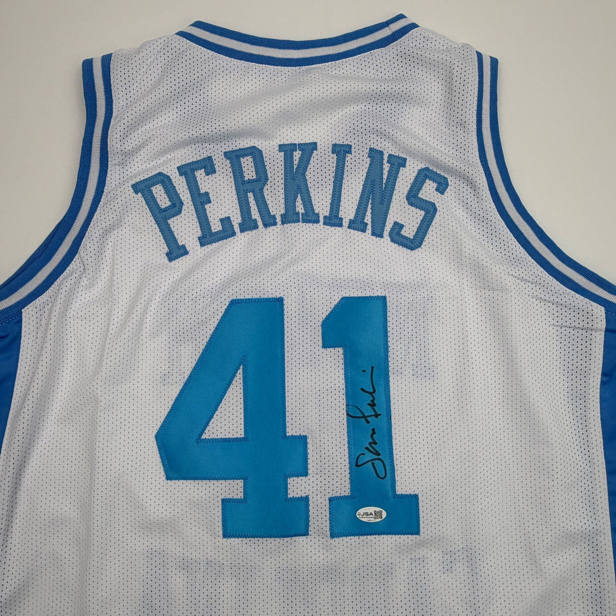 Autographed/Signed Sam Perkins UNC North Carolina White College Basketball Jersey JSA COA