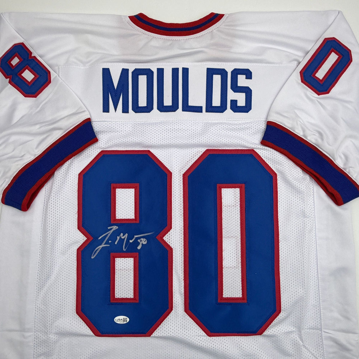 Autographed/Signed Eric Moulds Buffalo White Football Jersey JSA COA