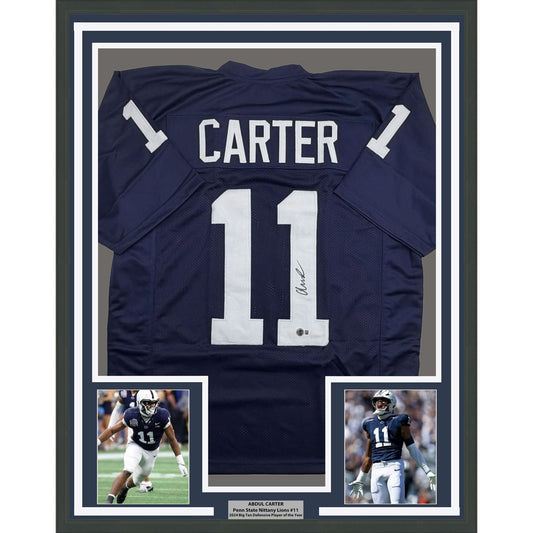 Framed Autographed/Signed Abdul Carter 35x39 Penn State Blue College Football Jersey Beckett BAS COA