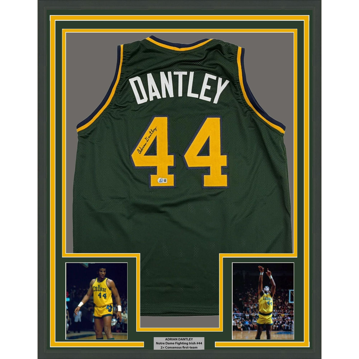 Framed Autographed/Signed Adrian Dantley 35x39 Notre Dame Green College Basketball Jersey Beckett BAS COA